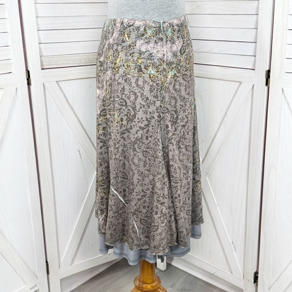 Zoe D Tiered Layer Damask Print Knit A Line Skirt‎ Grey Pink Small Y2K Boho